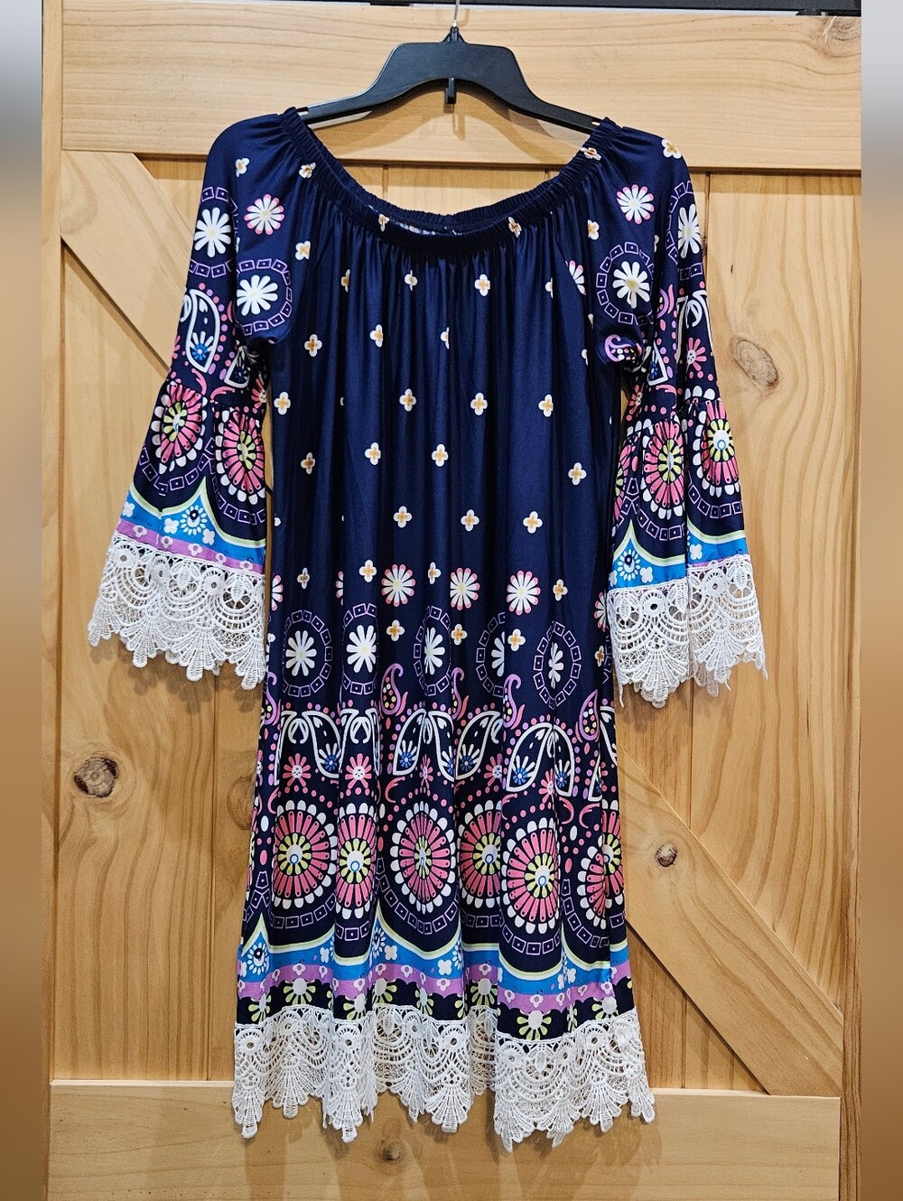 NWT | White Mark Navy Boho Floral Lace-Trim Dress | XL